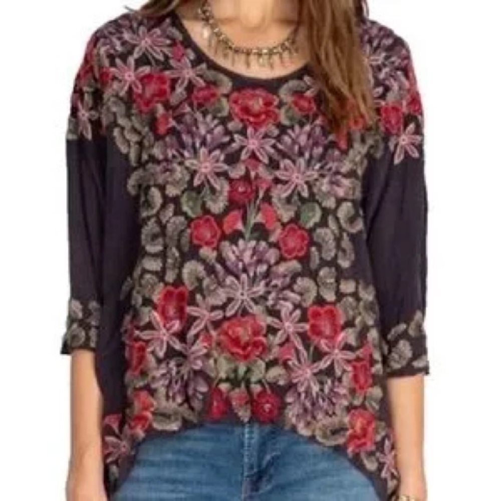 Johnny Was Leopard Rose Floral Embroidered Top